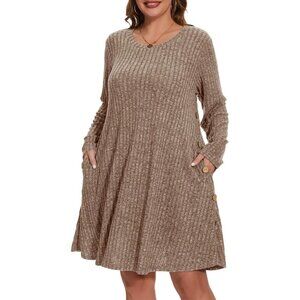Plus Size Sweater Dress Long Sleeve V-Neck Pockets Fall Winter Casual